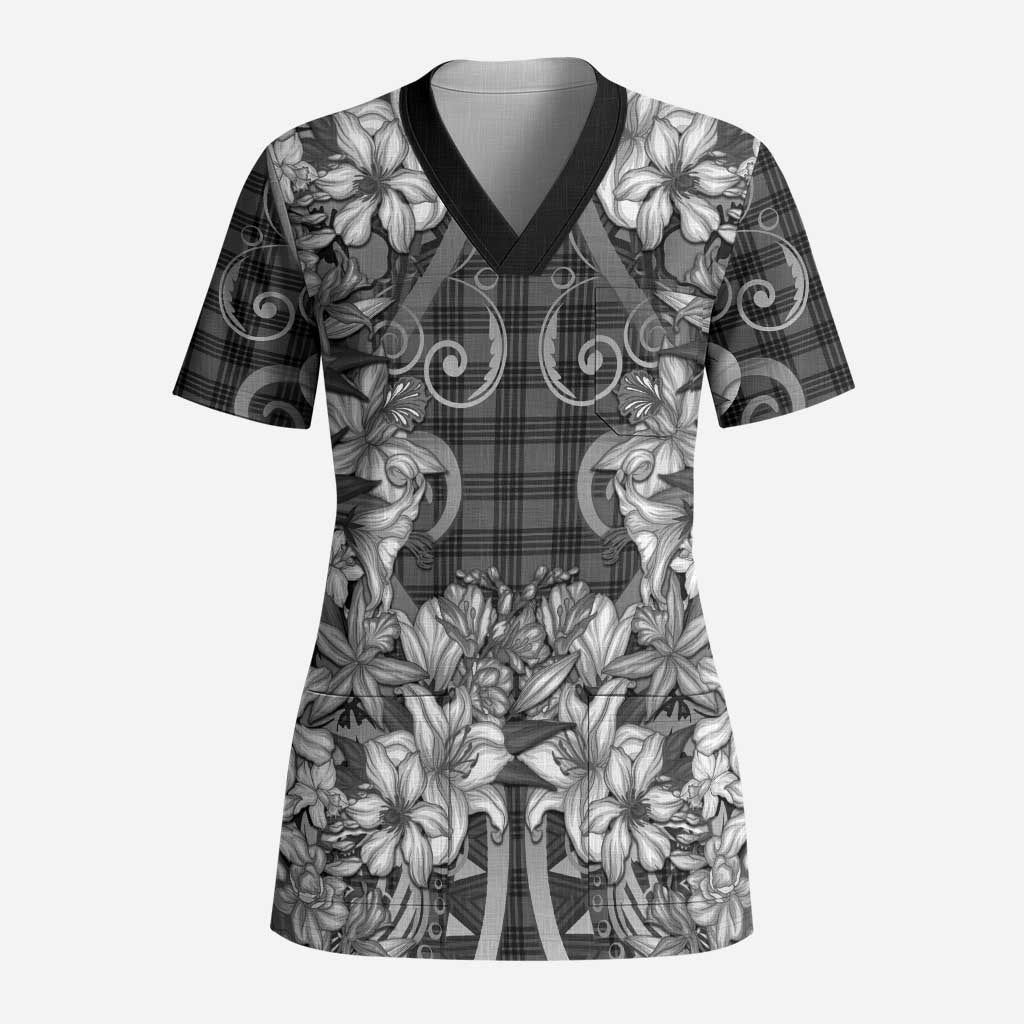 Hawaii Palaka Scrub Top Black Tribal Pattern With Tropical Flowers - Polynesian Pride