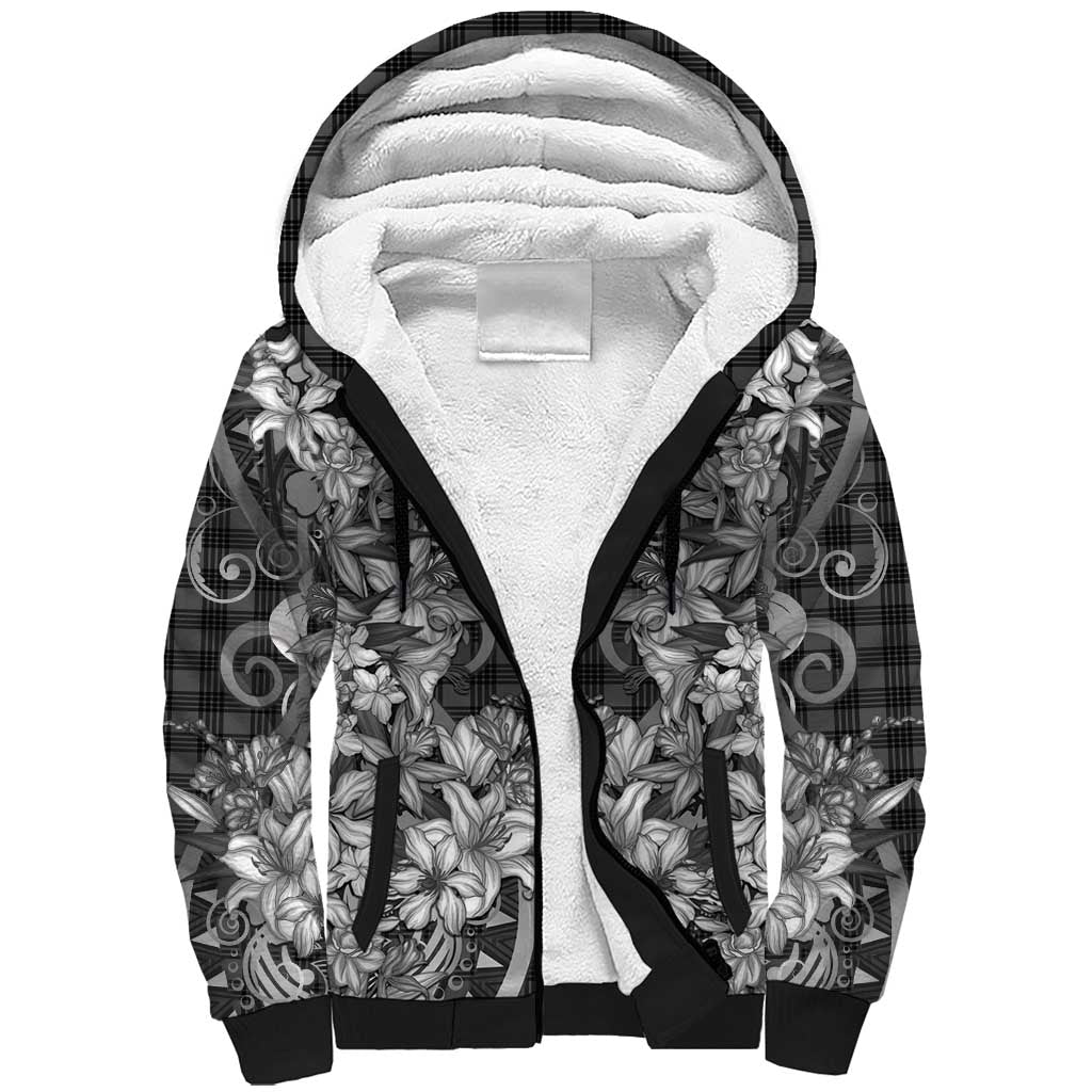 Hawaii Palaka Sherpa Hoodie Black Tribal Pattern With Tropical Flowers - Polynesian Pride