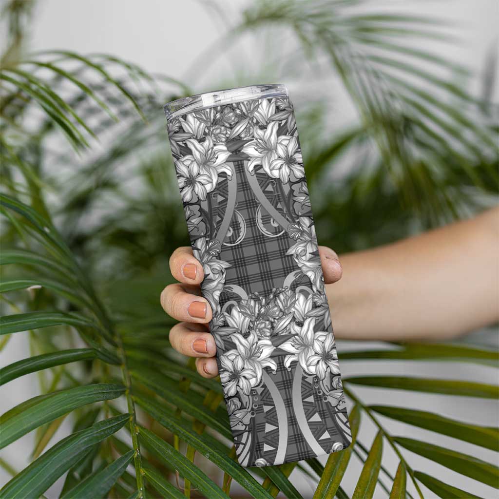 Hawaii Palaka Skinny Tumbler Black Tribal Pattern With Tropical Flowers - Polynesian Pride