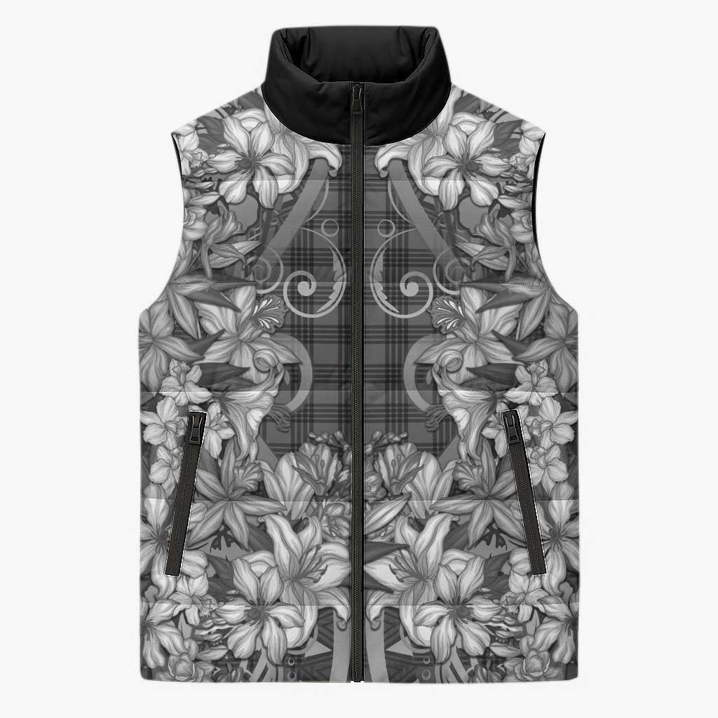 Hawaii Palaka Sleeveless Puffer Jacket Black Tribal Pattern With Tropical Flowers LT05 Unisex Black - Polynesian Pride