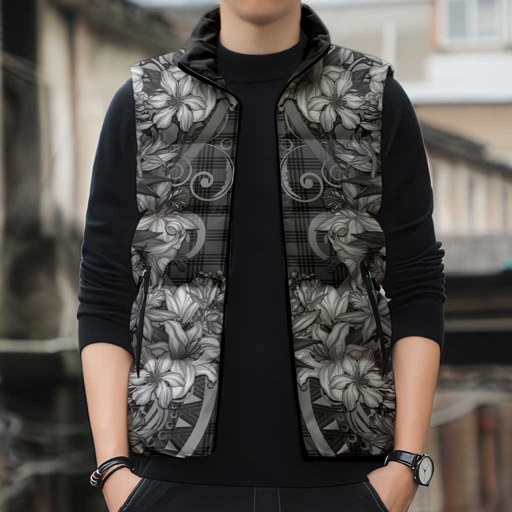 Hawaii Palaka Sleeveless Puffer Jacket Black Tribal Pattern With Tropical Flowers LT05 - Polynesian Pride
