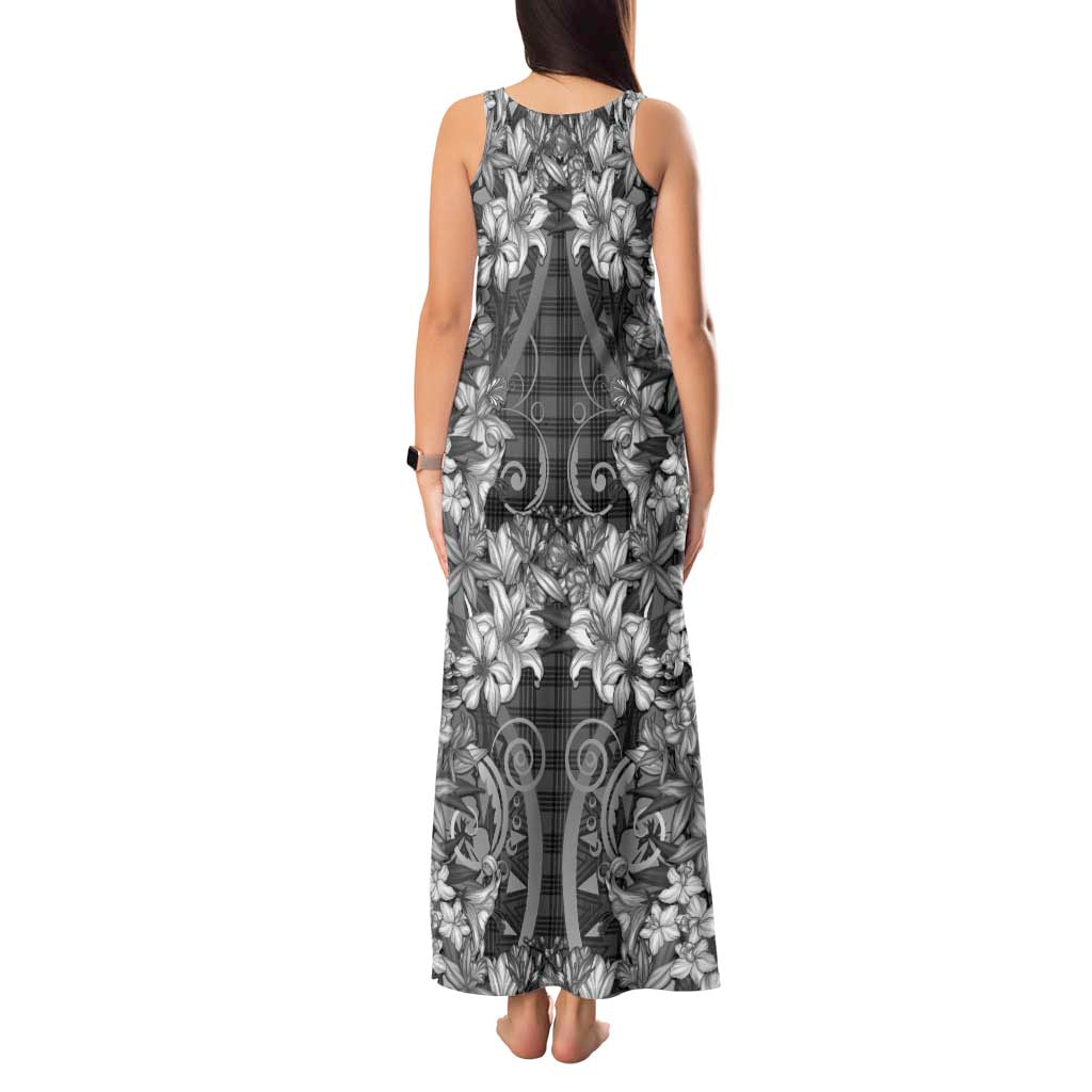 Hawaii Palaka Tank Maxi Dress Black Tribal Pattern With Tropical Flowers - Polynesian Pride
