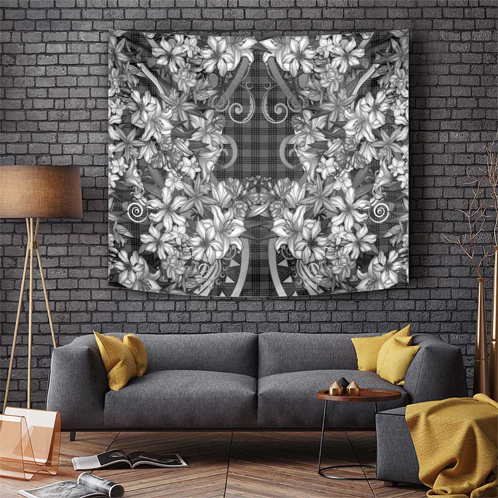 Hawaii Palaka Tapestry Black Tribal Pattern With Tropical Flowers LT05 Black - Polynesian Pride