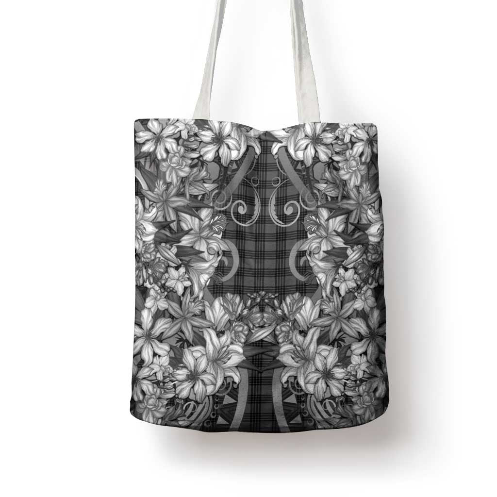 Hawaii Palaka Tote Bag Black Tribal Pattern With Tropical Flowers - Polynesian Pride