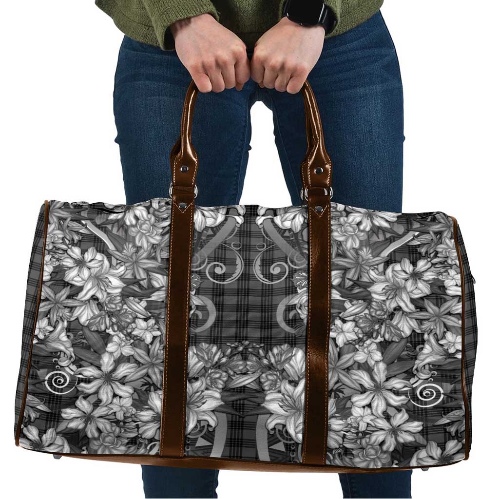 Hawaii Palaka Travel Bag Black Tribal Pattern With Tropical Flowers - Polynesian Pride