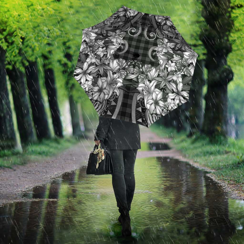 Hawaii Palaka Umbrella Black Tribal Pattern With Tropical Flowers - Polynesian Pride