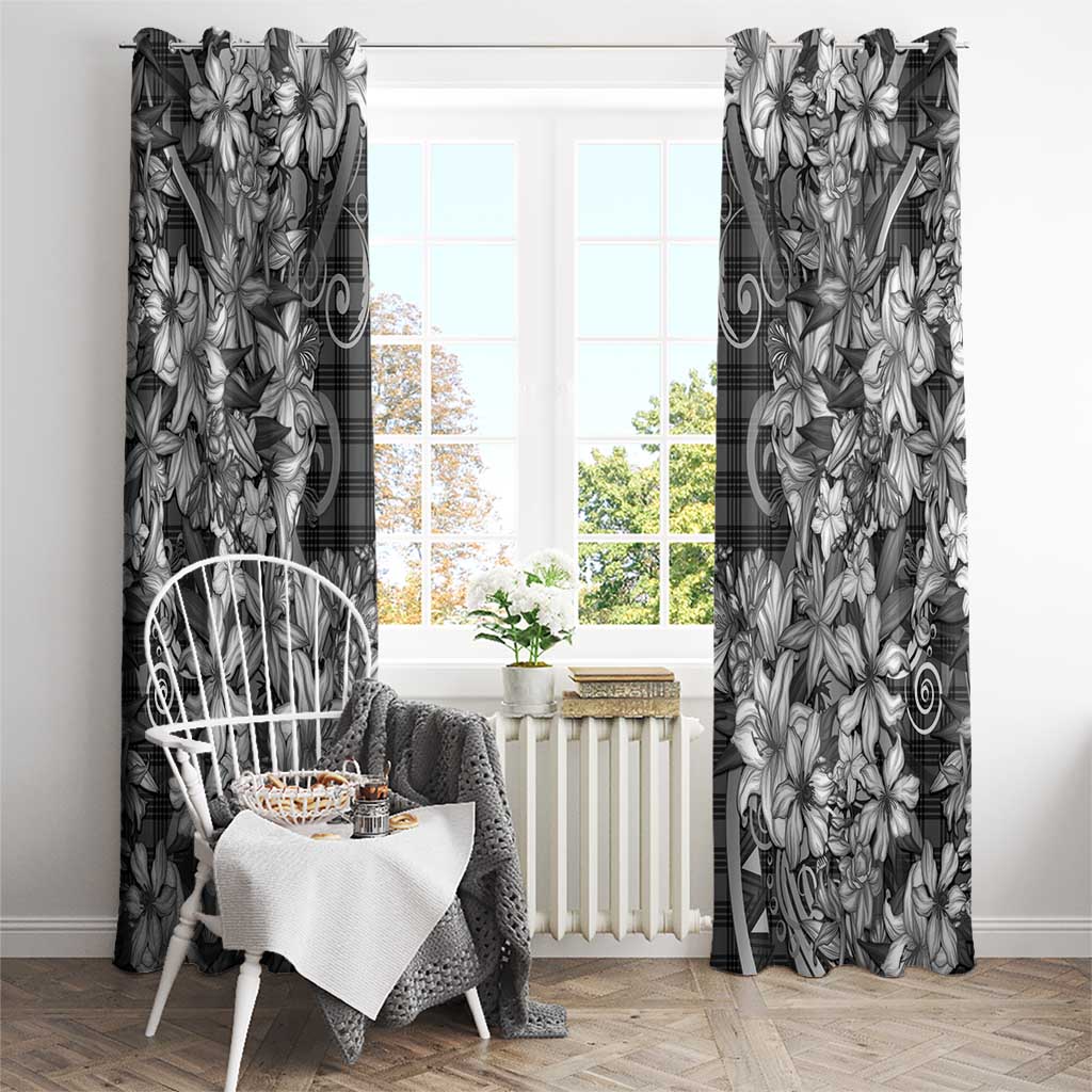 Hawaii Palaka Window Curtain Black Tribal Pattern With Tropical Flowers - Polynesian Pride