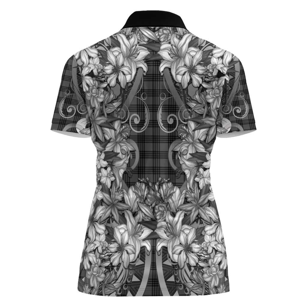 Hawaii Palaka Women Polo Shirt Black Tribal Pattern With Tropical Flowers - Polynesian Pride