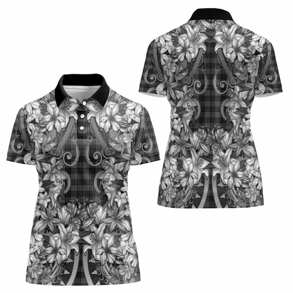 Hawaii Palaka Women Polo Shirt Black Tribal Pattern With Tropical Flowers - Polynesian Pride