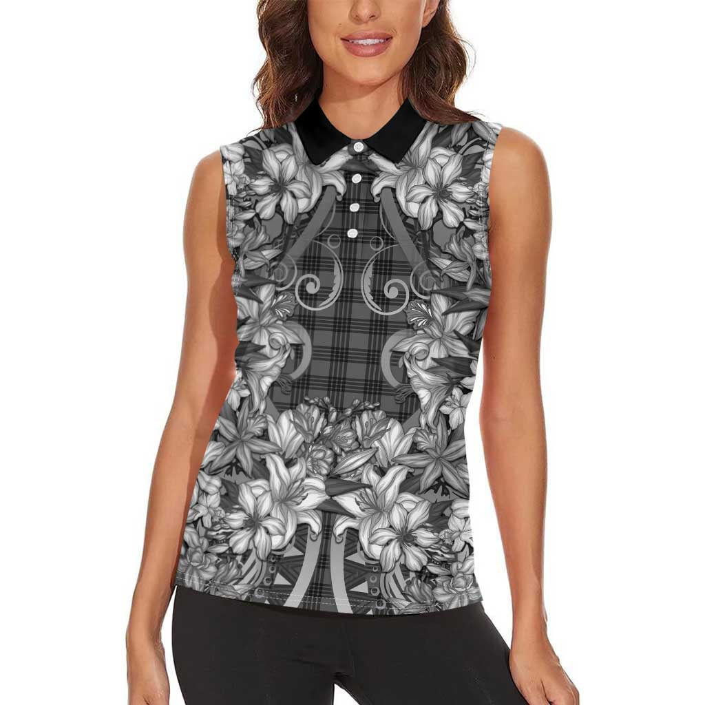 Hawaii Palaka Women Sleeveless Polo Shirt Black Tribal Pattern With Tropical Flowers - Polynesian Pride