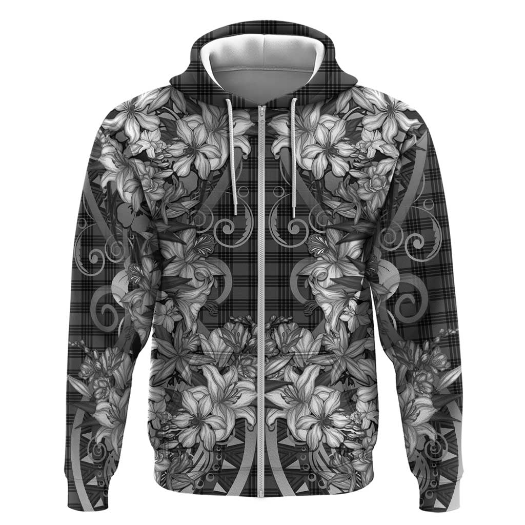 Hawaii Palaka Zip Hoodie Black Tribal Pattern With Tropical Flowers LT05 Zip Hoodie Black - Polynesian Pride