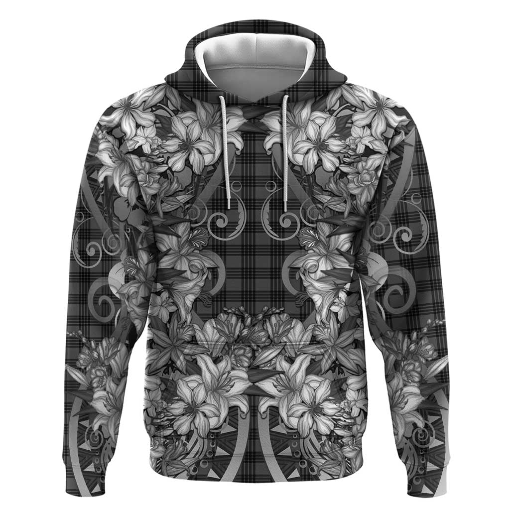 Hawaii Palaka Zip Hoodie Black Tribal Pattern With Tropical Flowers LT05 Pullover Hoodie Black - Polynesian Pride