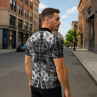 Hawaii Palaka Zipper Polo Shirt Black Tribal Pattern With Tropical Flowers - Polynesian Pride