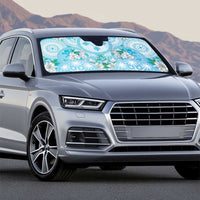 Hawaii Cyan Palaka Auto Sun Shade With Tapa Pattern Tropical Flowers - Polynesian Pride