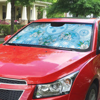 Hawaii Cyan Palaka Auto Sun Shade With Tapa Pattern Tropical Flowers - Polynesian Pride