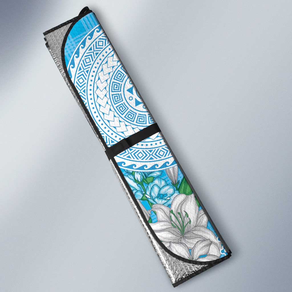 Hawaii Cyan Palaka Auto Sun Shade With Tapa Pattern Tropical Flowers - Polynesian Pride