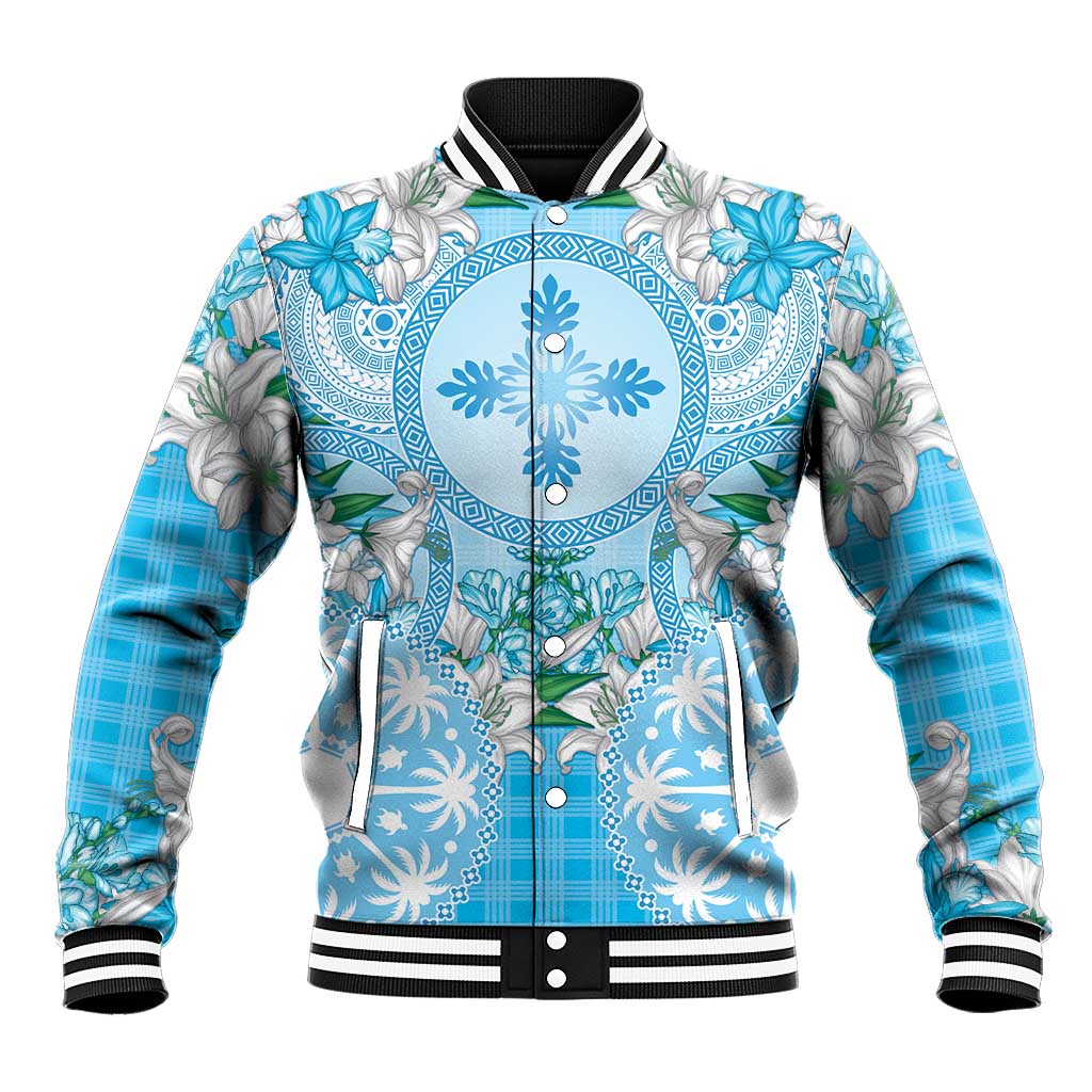 Hawaii Cyan Palaka Baseball Jacket With Tapa Pattern Tropical Flowers LT05 Unisex Cyan - Polynesian Pride