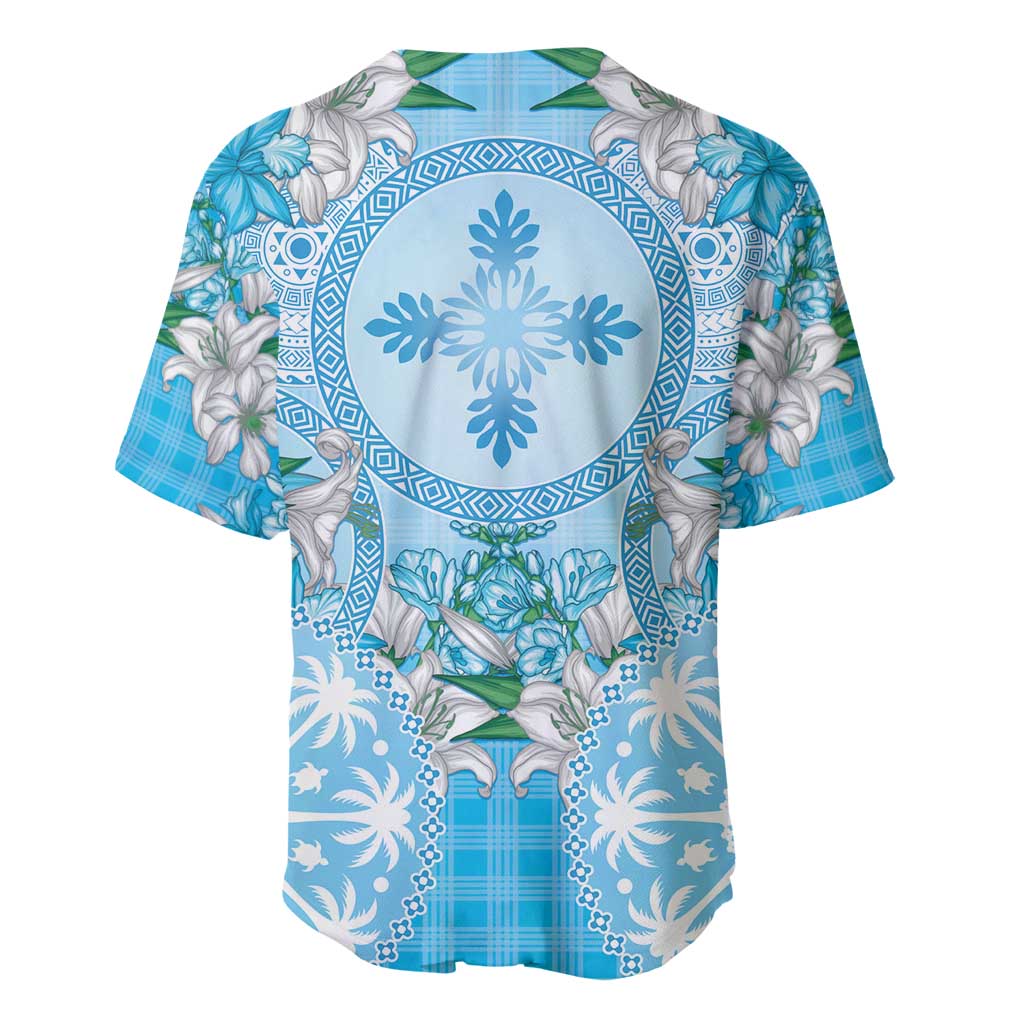 Hawaii Cyan Palaka Baseball Jersey With Tapa Pattern Tropical Flowers LT05 - Polynesian Pride