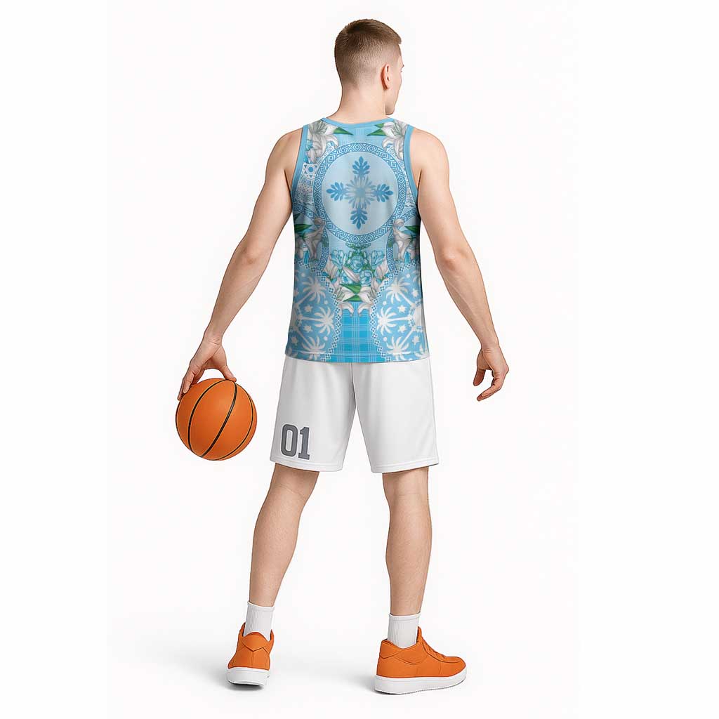 Hawaii Cyan Palaka Basketball Jersey With Tapa Pattern Tropical Flowers LT05 - Polynesian Pride