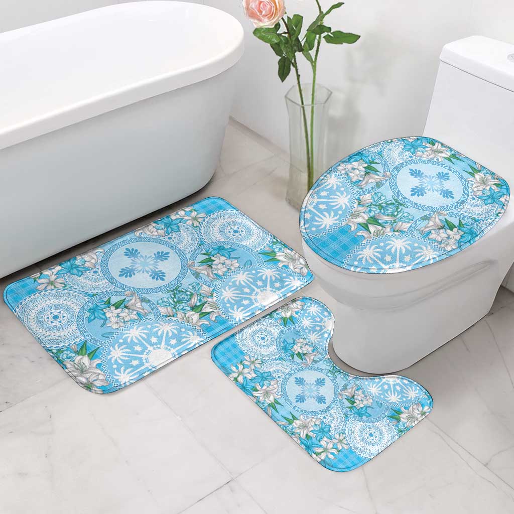 Hawaii Cyan Palaka Bathroom Set With Tapa Pattern Tropical Flowers - Polynesian Pride