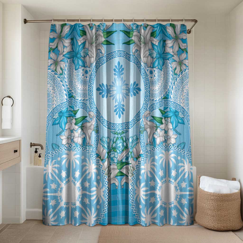 Hawaii Cyan Palaka Bathroom Set With Tapa Pattern Tropical Flowers - Polynesian Pride