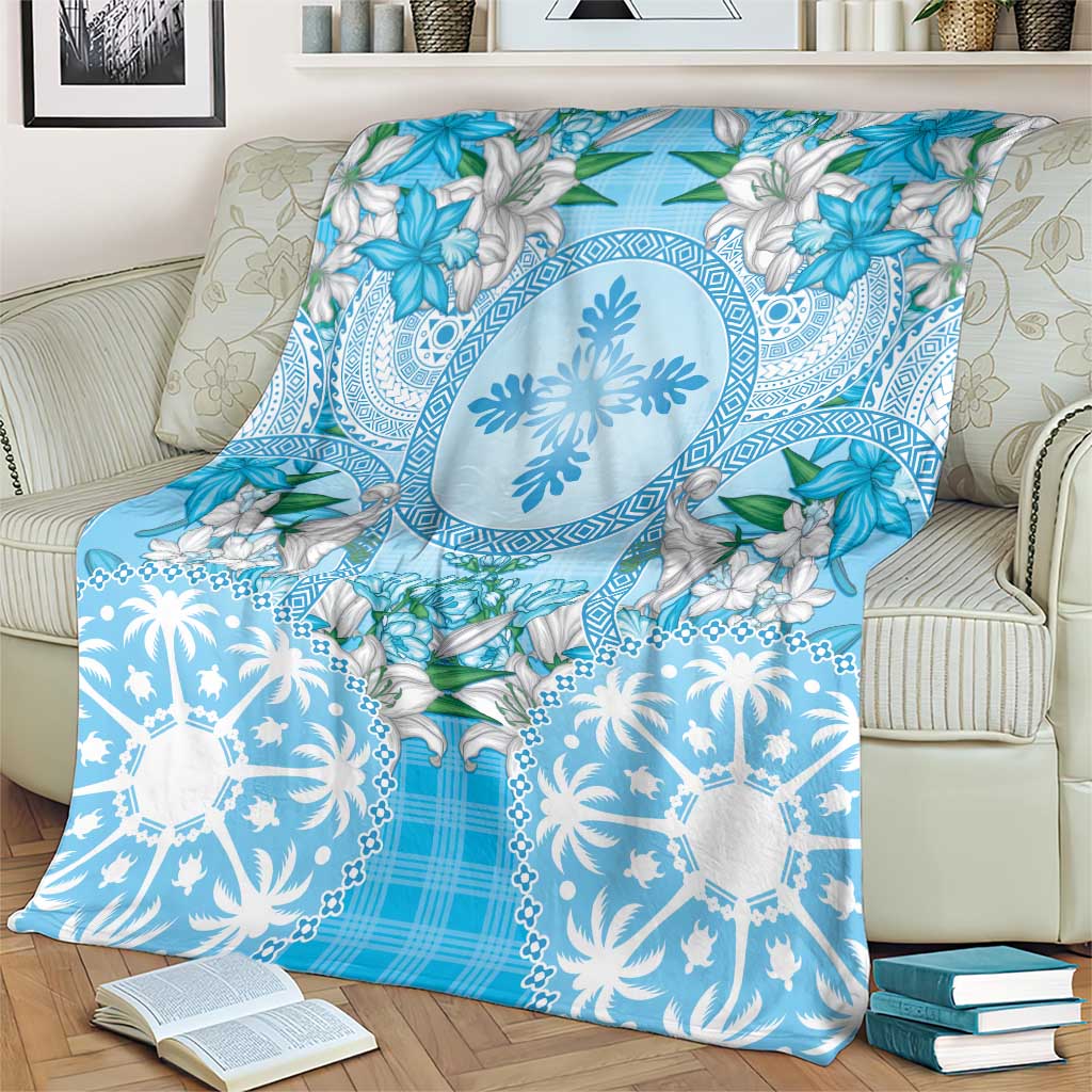 Hawaii Cyan Palaka Blanket With Tapa Pattern Tropical Flowers - Polynesian Pride