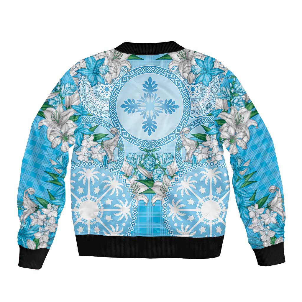 Hawaii Cyan Palaka Bomber Jacket With Tapa Pattern Tropical Flowers - Polynesian Pride