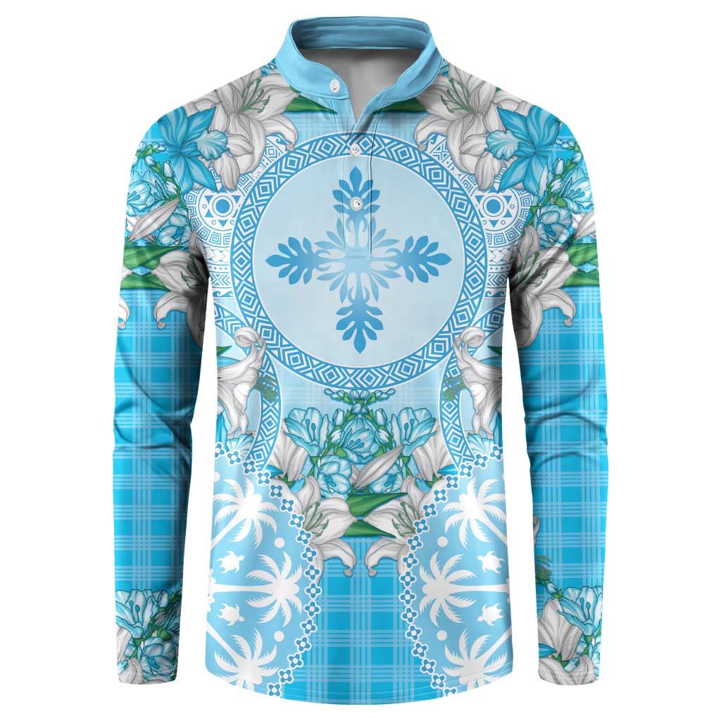 Hawaii Cyan Palaka Button Sweatshirt With Tapa Pattern Tropical Flowers - Polynesian Pride