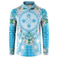 Hawaii Cyan Palaka Button Sweatshirt With Tapa Pattern Tropical Flowers - Polynesian Pride