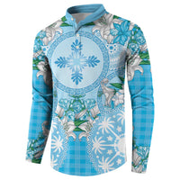 Hawaii Cyan Palaka Button Sweatshirt With Tapa Pattern Tropical Flowers - Polynesian Pride