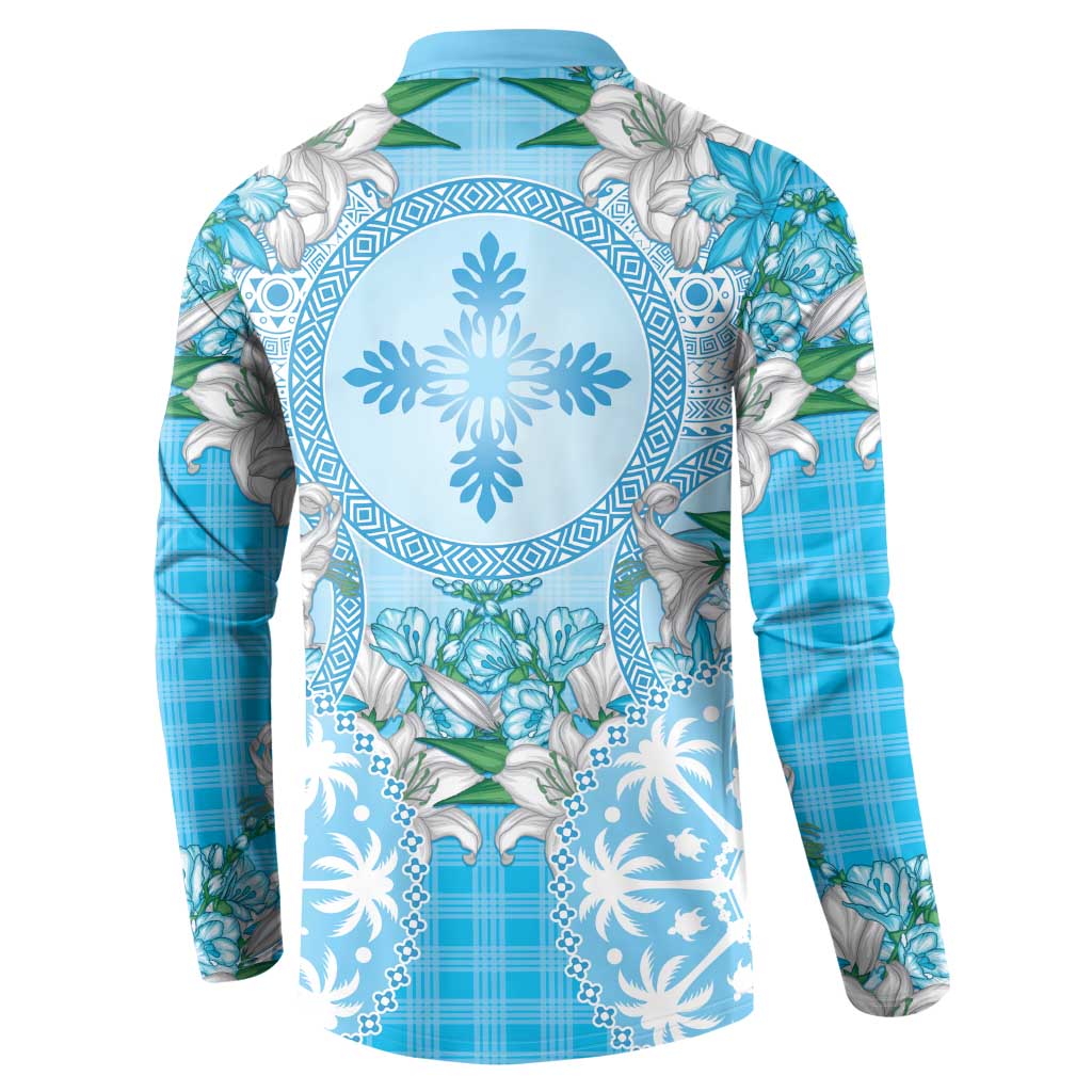 Hawaii Cyan Palaka Button Sweatshirt With Tapa Pattern Tropical Flowers - Polynesian Pride