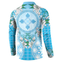 Hawaii Cyan Palaka Button Sweatshirt With Tapa Pattern Tropical Flowers - Polynesian Pride