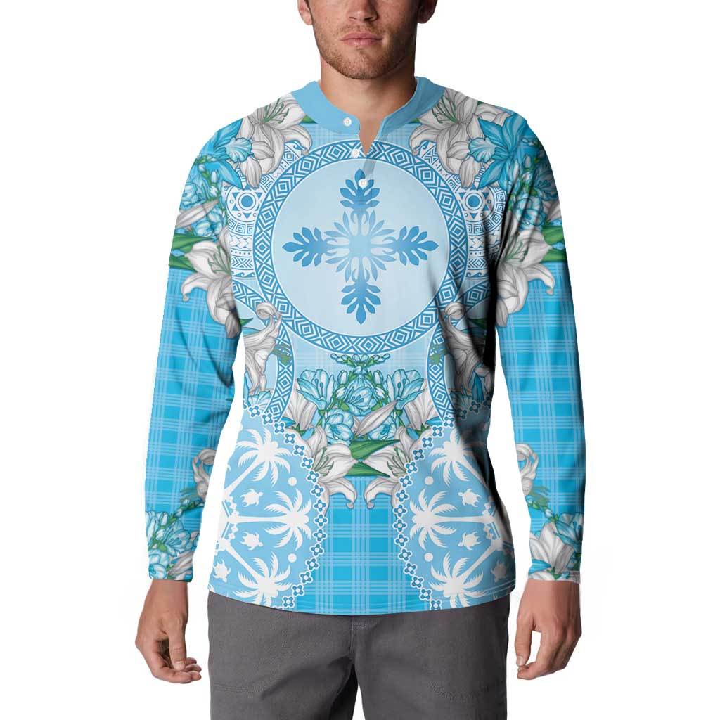 Hawaii Cyan Palaka Button Sweatshirt With Tapa Pattern Tropical Flowers - Polynesian Pride
