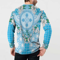 Hawaii Cyan Palaka Button Sweatshirt With Tapa Pattern Tropical Flowers - Polynesian Pride