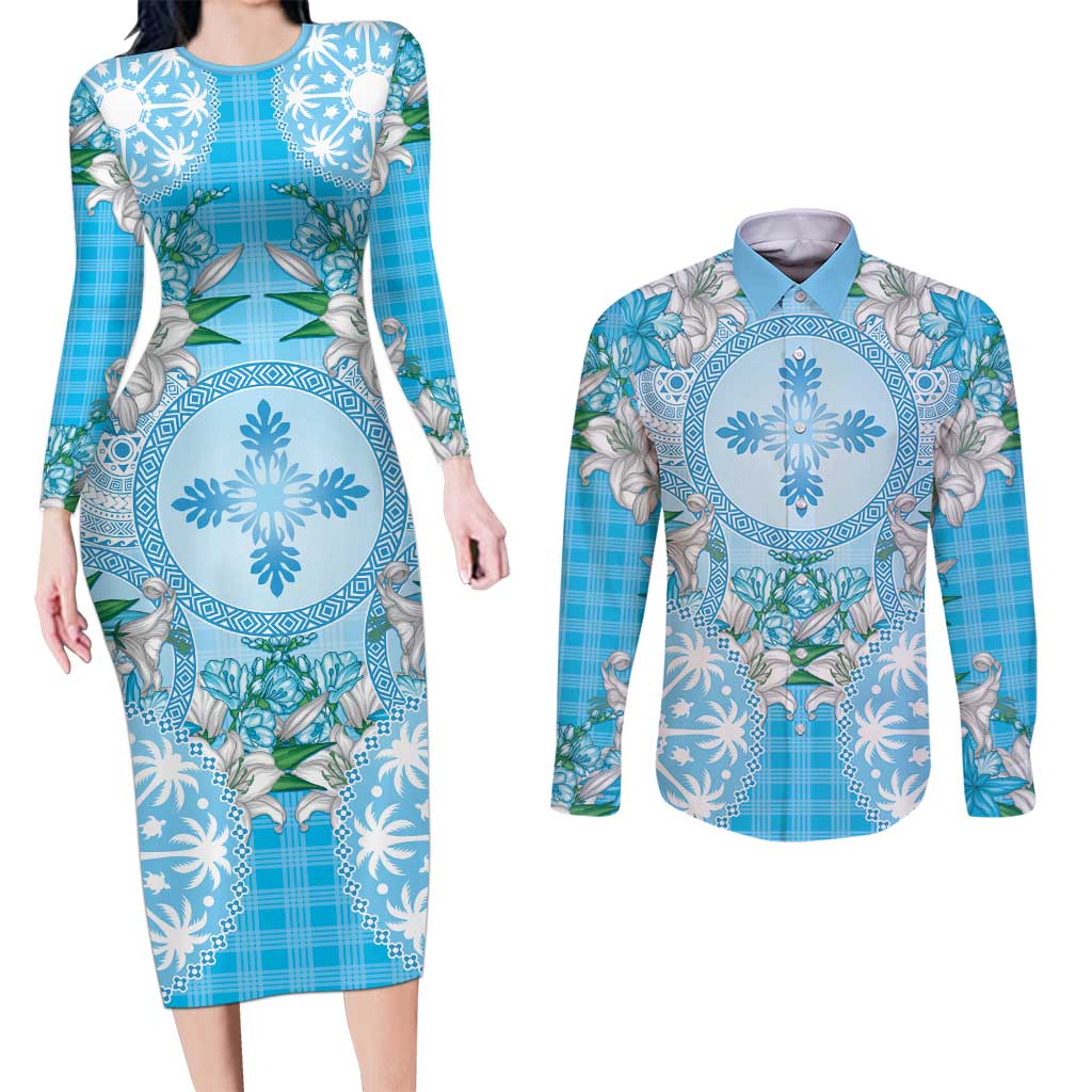 Hawaii Cyan Palaka Couples Matching Long Sleeve Bodycon Dress and Long Sleeve Button Shirt With Tapa Pattern Tropical Flowers - Polynesian Pride