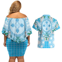 Hawaii Cyan Palaka Couples Matching Off Shoulder Short Dress and Hawaiian Shirt With Tapa Pattern Tropical Flowers - Polynesian Pride