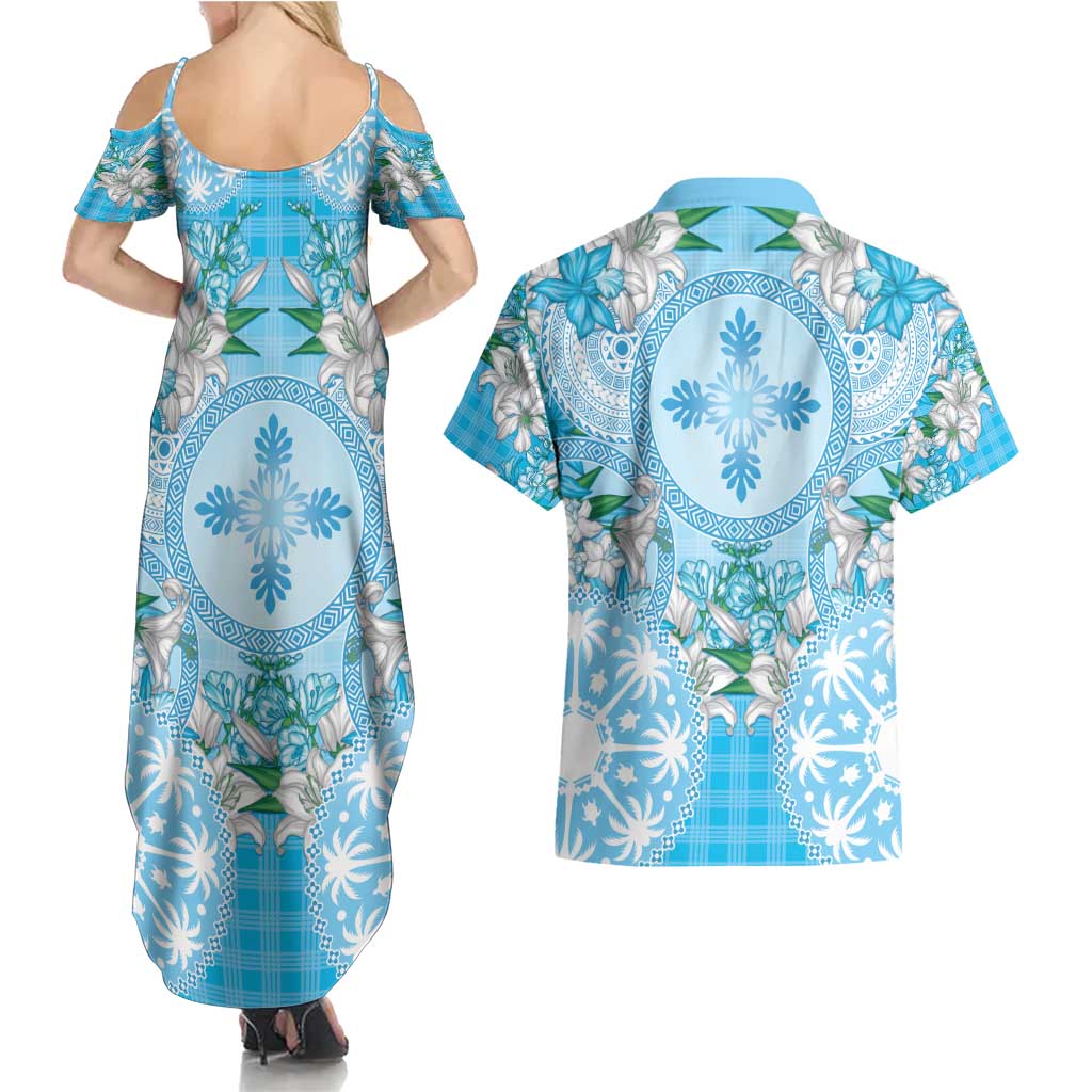 Hawaii Cyan Palaka Couples Matching Summer Maxi Dress and Hawaiian Shirt With Tapa Pattern Tropical Flowers - Polynesian Pride
