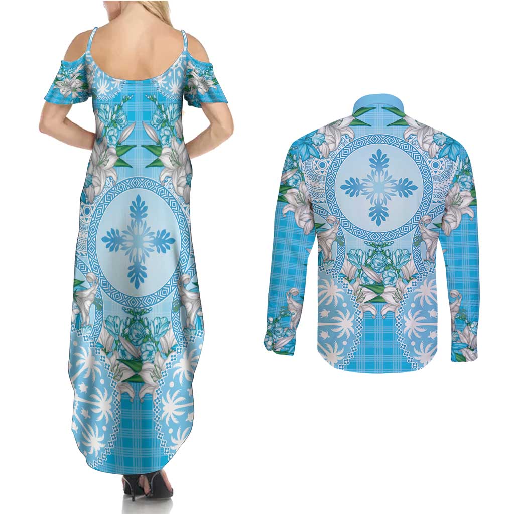 Hawaii Cyan Palaka Couples Matching Summer Maxi Dress and Long Sleeve Button Shirt With Tapa Pattern Tropical Flowers - Polynesian Pride