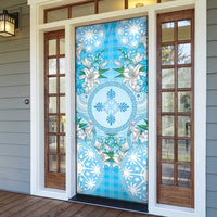 Hawaii Cyan Palaka Door Cover With Tapa Pattern Tropical Flowers - Polynesian Pride