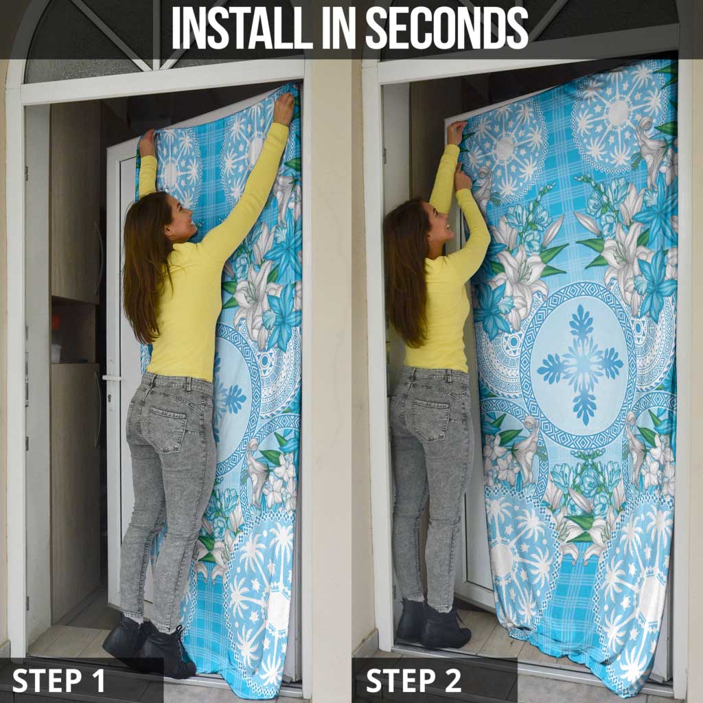 Hawaii Cyan Palaka Door Cover With Tapa Pattern Tropical Flowers - Polynesian Pride