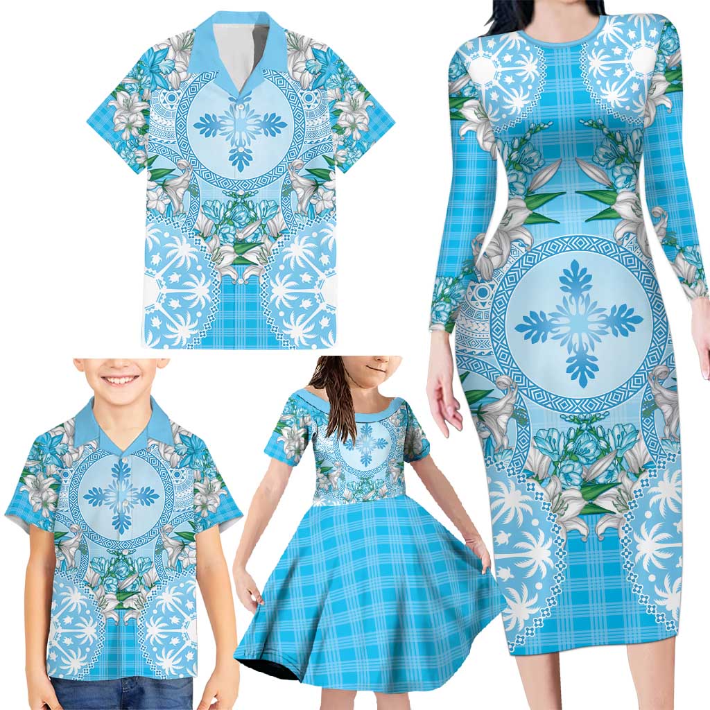 Hawaii Cyan Palaka Family Matching Long Sleeve Bodycon Dress and Hawaiian Shirt With Tapa Pattern Tropical Flowers - Polynesian Pride
