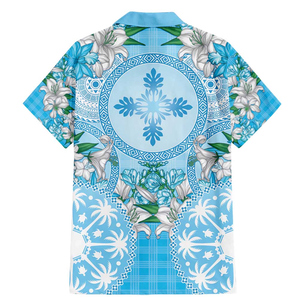 Hawaii Cyan Palaka Family Matching Long Sleeve Bodycon Dress and Hawaiian Shirt With Tapa Pattern Tropical Flowers - Polynesian Pride