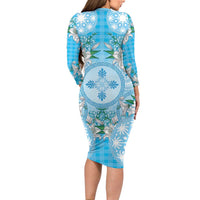 Hawaii Cyan Palaka Family Matching Long Sleeve Bodycon Dress and Hawaiian Shirt With Tapa Pattern Tropical Flowers - Polynesian Pride