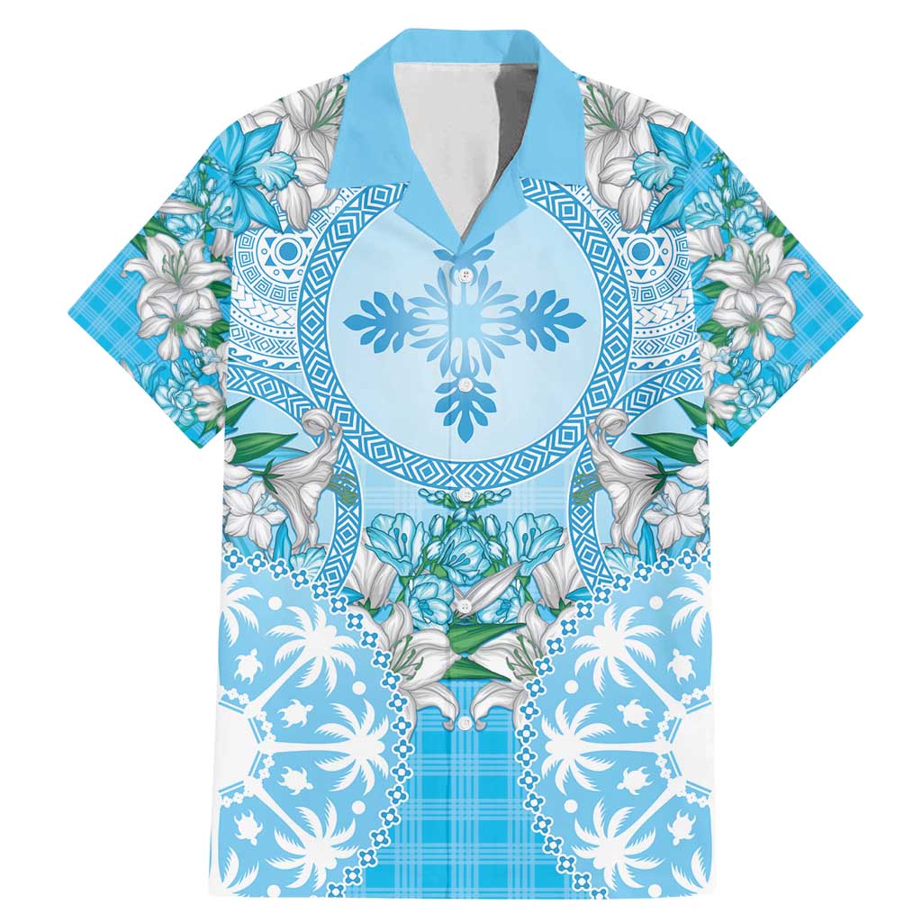 Hawaii Cyan Palaka Family Matching Mermaid Dress and Hawaiian Shirt With Tapa Pattern Tropical Flowers - Polynesian Pride