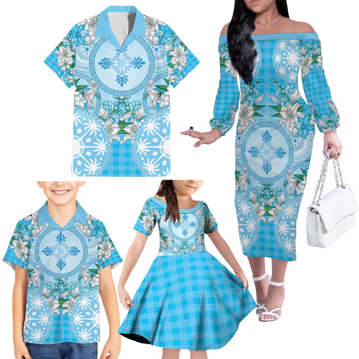 Hawaii Cyan Palaka Family Matching Off The Shoulder Long Sleeve Dress and Hawaiian Shirt With Tapa Pattern Tropical Flowers - Polynesian Pride
