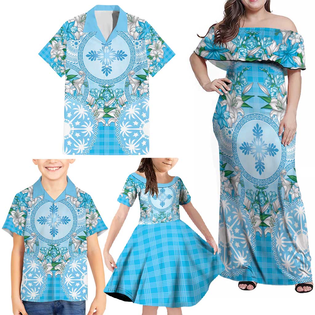 Hawaii Cyan Palaka Family Matching Off Shoulder Maxi Dress and Hawaiian Shirt With Tapa Pattern Tropical Flowers - Polynesian Pride