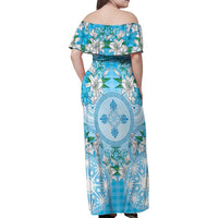 Hawaii Cyan Palaka Family Matching Off Shoulder Maxi Dress and Hawaiian Shirt With Tapa Pattern Tropical Flowers - Polynesian Pride