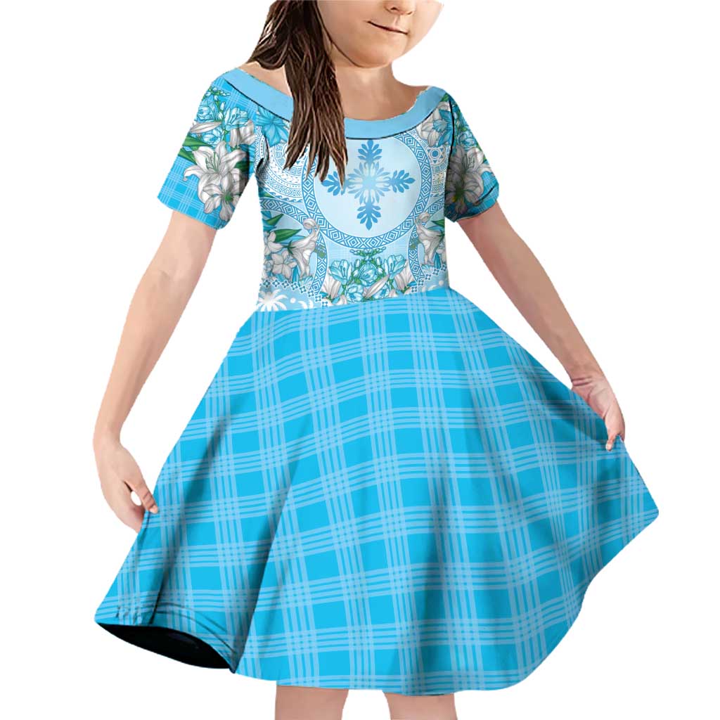 Hawaii Cyan Palaka Family Matching Off Shoulder Short Dress and Hawaiian Shirt With Tapa Pattern Tropical Flowers - Polynesian Pride