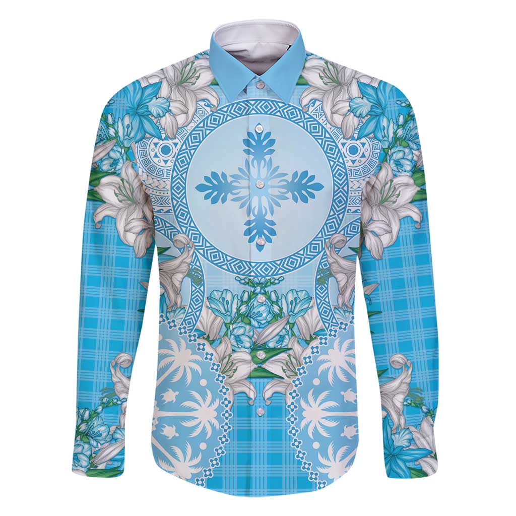 Hawaii Cyan Palaka Family Matching Off Shoulder Short Dress and Hawaiian Shirt With Tapa Pattern Tropical Flowers - Polynesian Pride