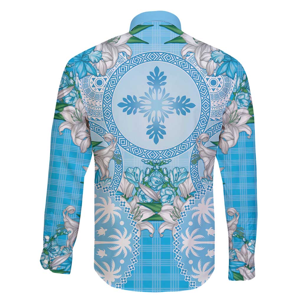 Hawaii Cyan Palaka Family Matching Off Shoulder Short Dress and Hawaiian Shirt With Tapa Pattern Tropical Flowers - Polynesian Pride